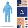 Disposable Coveralls for Men, Women, Pack of 5 Small Blue Hazmat Suits Disposable, SMS 50 gsm Hazmat Suit Costume with Hood, Elastic Wrists, Ankles, Z